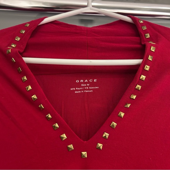 Red Studded V-Neck Top - Picture 2 of 5